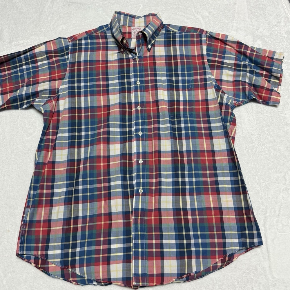 Brooks Brothers Shirt Mens L Red Blue Yellow Plaid Short Sleeve Vintage USA